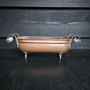 Small long copper french footed planter Delft porcelain handles, Jardinière, Window sill planter, African violets planter