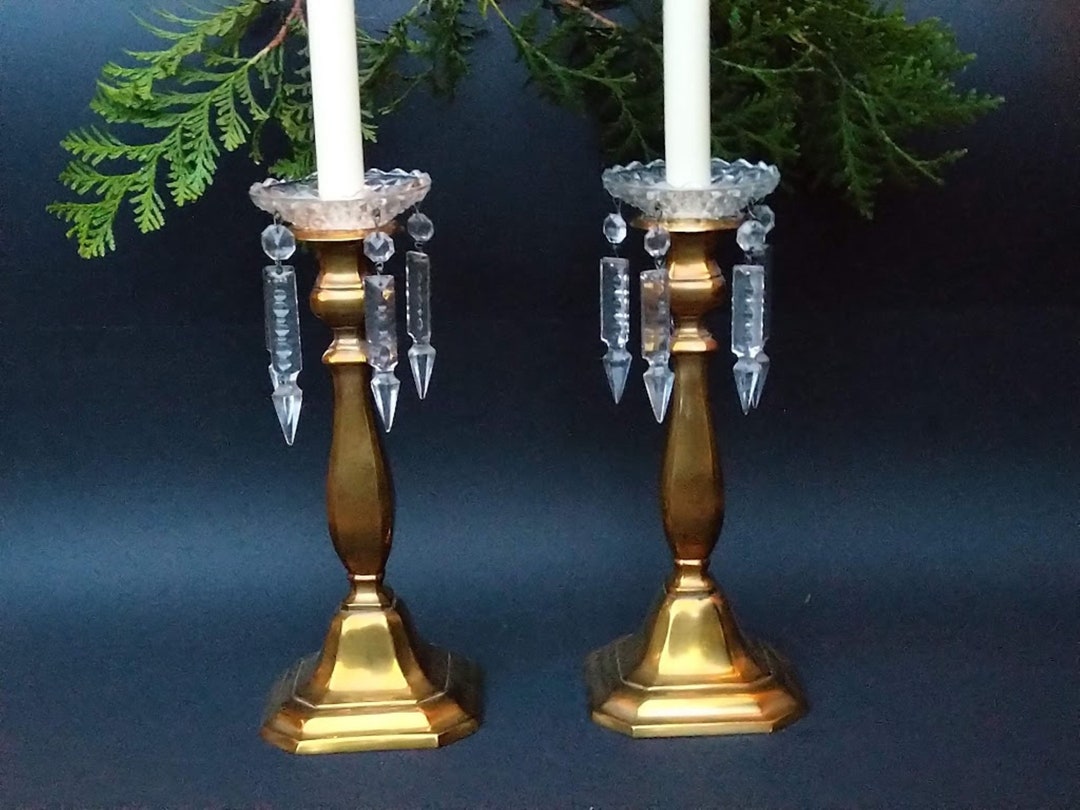 Pair of Vintage Gold Candle Stick Holders With Crystals, Two Fireplace ...