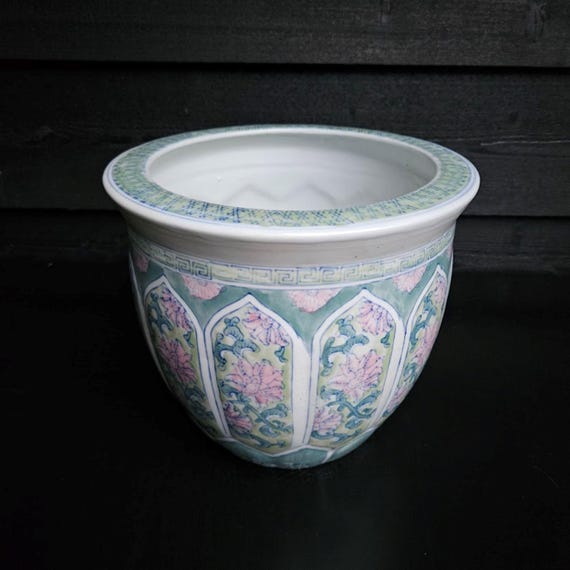 中国製　大きな鉢 大型中国製プランター磁器、緑、ピンク、花柄、屋内または屋外用植木鉢