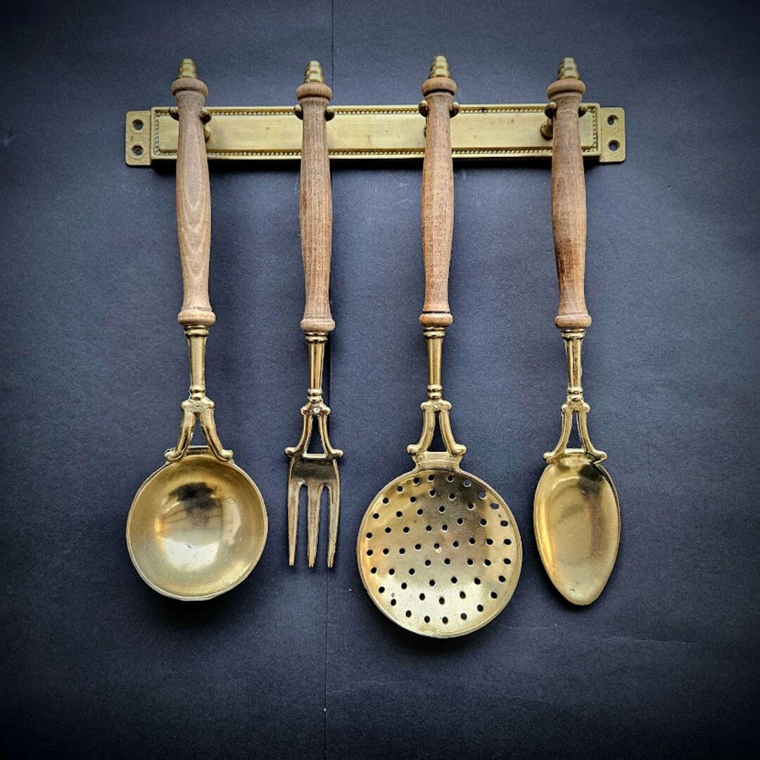 4 Vintage Brass Kitchen Utensils on Wall Rack, Cookware Utensils With ...