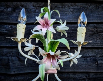 French tole chandelier pink lilies with green leaves 3 arms, French brocante flower chandelier, nursery or girl room chandelier