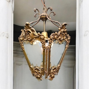 Vintage large french lantern ceiling light lamp gilded bronze and engraved glass, Hallway ceiling glass pendants, Rococo ceiling lamp