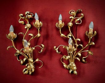Pair of very large Italian tole sconces wall lamps gold acanthus leaves, 27.5&quot; high, Hollywood Regency