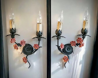 Pair of Italian sconces black with Capodimonte ceramic pink flowers, Dark Academia decor, Black wall lamps,  optional cord, switch, plug.