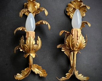 2x Gold Italian wall sconce lighting acanthus leaves, cord switch and plug in, Hollywood Regency style wall lamp