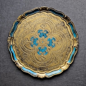 Italian Florentine round serving tray cream and gold hand painted and gilded wood tray, baroque/rococo tea board, coffee tray