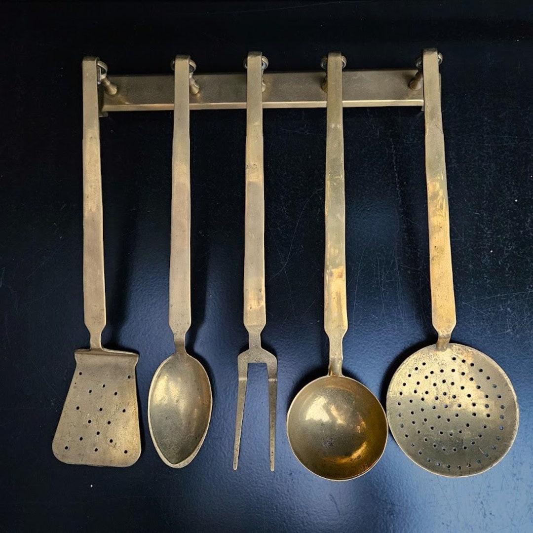 5 Vintage Large Brass Kitchen Utensils on Wall Rack, Vintage Cookware ...