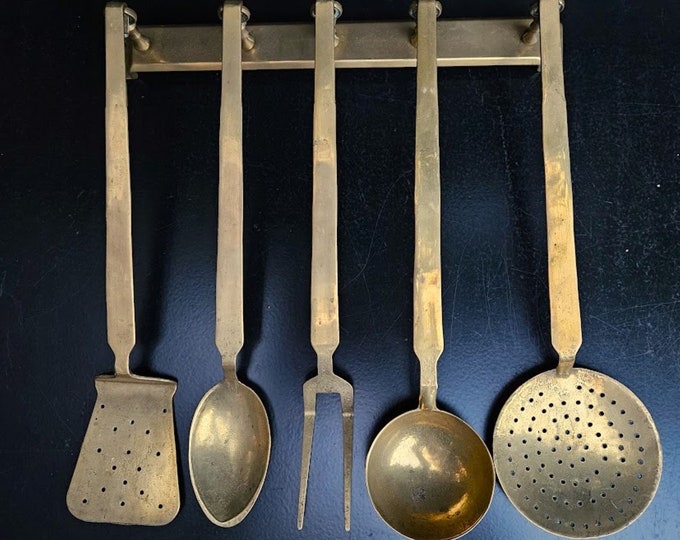 4 Vintage Brass Kitchen Utensils on Brass Wall Rack, Vintage Cookware ...