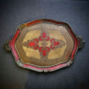 Italian Florentine tray with handles gold and red  hand painted and gilded wood, baroque/rococo tea board, Italian gift, Decorative tray