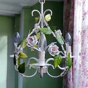 Italian tole chandelier porcelain flowers Capodimonte pink white roses and leaves, Small flower chandelier, Girl room/Nursery chandelier