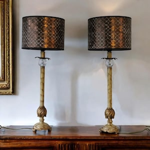 Pair of cream table lamps with bronze lamp shades, tall elegant table lamps for bedroom, lamps for living room, Hollywood Regency lamps pair