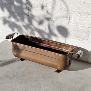 Long French copper footed planter Delft porcelain handles, Jardinière, Window sill planter, blue and white porcelain handles