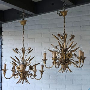 Mid century Italian gold tole chandelier with ears of wheat  and flowers 5 arms Hans Kogl design,  Hollywood Regency chandelier