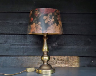 Vintage gold brass table lamp with shade printed with flemish painted flowers cream, beige, copper