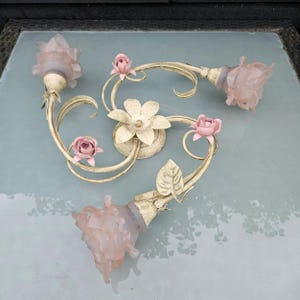 Italian tole flush mount ceiling light cream with pink flowers and pink frosted glass lampshades flower shaped 3 lights, Low ceiling light