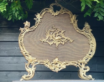 Antique french fireplace screen brass Rococo/ Baroque style, Gold firescreen, Fireplace decor