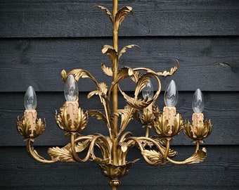 Gold Italian Tole chandelier with acanthus leaves 6 light bulbs, Hollywood Regency tole chandelier