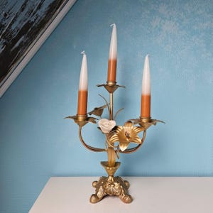 French gold tole candelabra bronze base with metal and porcelain flowers, Fireplace candelabra Christmas, Candlestick holder 3 candles