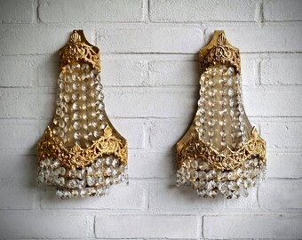 Pair of gold brass and crystals wall sconces light French Empire style Montgolfier, crystal wall lamps with optional cord and plug