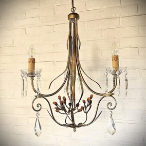 Gold Italian tole unique chandelier long leaves, large prism crystals, amber drop crystals, crystal bobeche cups, Hollywood Regency, 3 bulbs