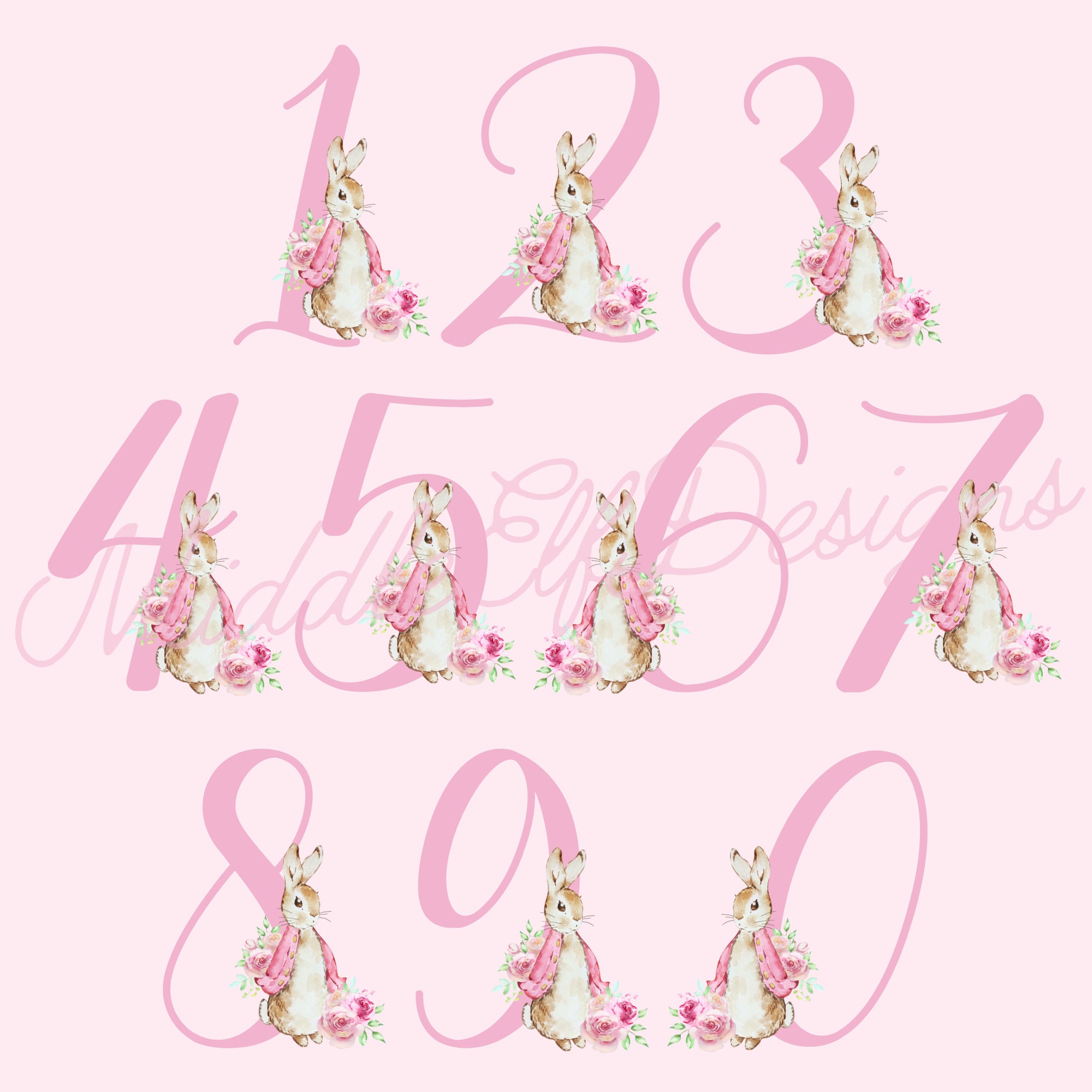 Watercolor Floral Pink Bunny Rabbit Alphabet, PNG Monogram Digital ...