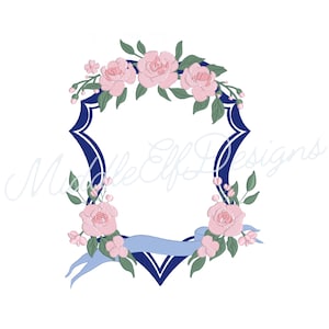 Floral Crest Machine Embroidery, Pink Wedding Flower Monogram Frame Design
