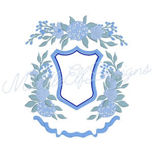 Floral Crest Machine Embroidery, Hydrangea Blue Wedding Flower Monogram Frame Design, Wedding Decor Bride Gift