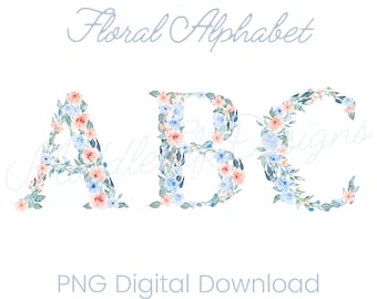 Watercolor Floral Alphabet, PNG Monogram Digital Download Clipart