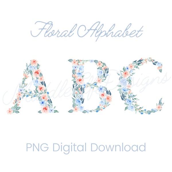 Watercolor Floral Alphabet, PNG Monogram Digital Download Clipart