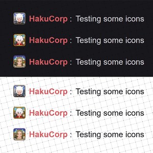 K&ouml;nnte beinhalten: Sechs Screenshots einer Chat-App, die ein Profilbild einer Frau mit blonden Haaren und den Text "HakuCorp: Testing some icons" zeigen.