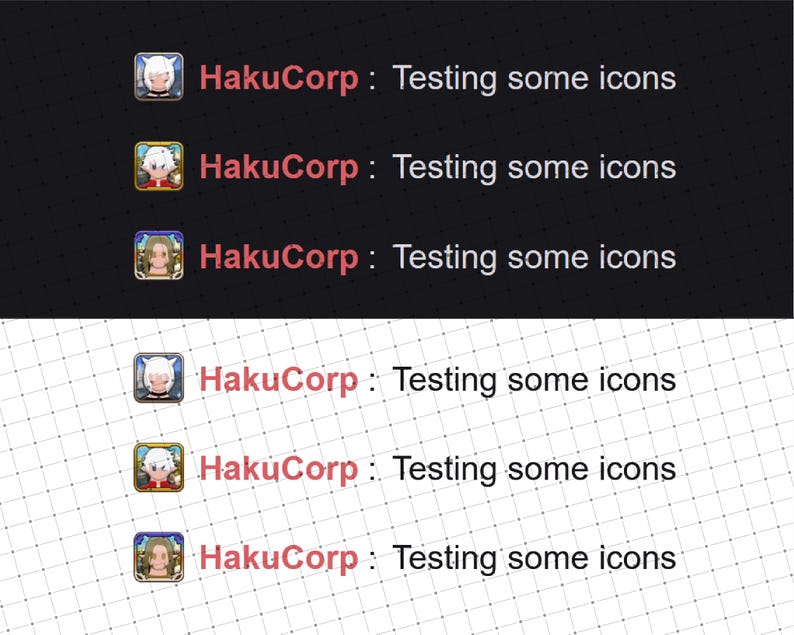 K&ouml;nnte beinhalten: Sechs Screenshots einer Chat-App, die ein Profilbild einer Frau mit blonden Haaren und den Text "HakuCorp: Testing some icons" zeigen.