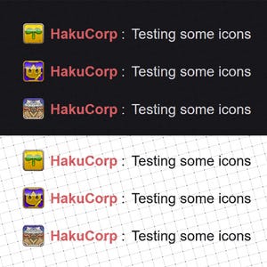 K&ouml;nnte beinhalten: Drei Screenshots eines Computerbildschirms, die eine Liste von Elementen mit dem Text "HakuCorp: Testing some icons" zeigen, der dreimal wiederholt wird. Jedes Element hat ein anderes Symbol daneben. Die Symbole sind ein gr&uuml;nes Blatt, eine violette Krone und ein braunes und wei&szlig;es Bild eines Geb&auml;udes.