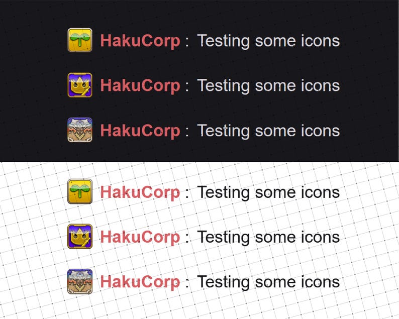 K&ouml;nnte beinhalten: Drei Screenshots eines Computerbildschirms, die eine Liste von Elementen mit dem Text "HakuCorp: Testing some icons" zeigen, der dreimal wiederholt wird. Jedes Element hat ein anderes Symbol daneben. Die Symbole sind ein gr&uuml;nes Blatt, eine violette Krone und ein braunes und wei&szlig;es Bild eines Geb&auml;udes.