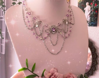 Amariel ~ Perlen Collier / Choker Halskette mit funkelndem Herz und Sternen ~ Celestial Fairycore Princesscore