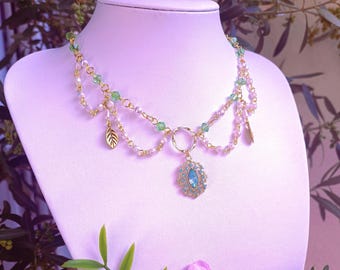 Elanor ~ feenhafte Choker Kette - Perlen Collier Halskette mit Blättern ~ Fairycore Fairy Outfit Elfen Princesscore Fantasy Outfit