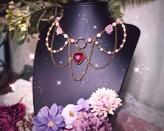 Rosie ~ Choker / Collier Perlen Halskette mit funkelndem Herzen aus Glas & Rosen ~ Fairycore Whimsigoth Gothic Y2K Kawaii Anime