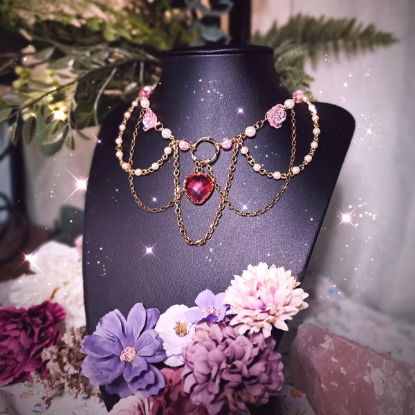 Rosie ~ Choker / Collier Pearl Necklace with Sparkling Heart Made of Glass & Roses ~ Fairycore Whimsigoth Gothic Y2K Kawaii Anime