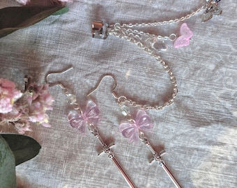 Feenhafte Ohrringe mit Schleife, Dolch, Schmetterlingen~ Ohrringe mit Earcuffs ~fake piercing ~ Fairycore Fantasy Schmuck Dark Fantasy ~