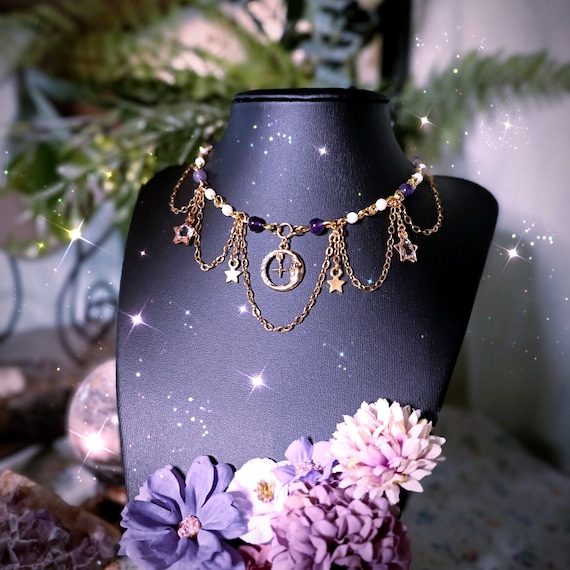 Celestial Choker Necklace With Amethyst Beads Sparkling Stars and