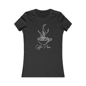 May include: Black women's t-shirt with a white line drawing of a coffee cup with steam rising from it. The text "Coffee Please" is written below the cup.