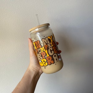 In My Pumpkin Spice Era Glass Tumbler - Beer Can Cup - Coffee Glass - Fall Cup - Kitchenware - Cup with bamboo lid and glass straw