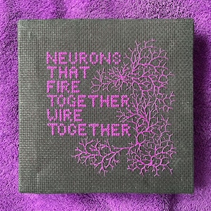 May include: A black canvas with pink embroidery depicting a brain-like structure with the text "NEURONS THAT FIRE TOGETHER WIRE TOGETHER".