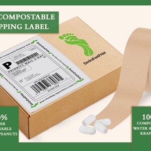 May include: A brown cardboard box with a white shipping label that says "Priority Mail 2-Day" and a green footprint logo that says "EnviroFootPrint". The box is next to a roll of brown compostable water-activated kraft tape. A pile of white packing peanuts are in the foreground.
