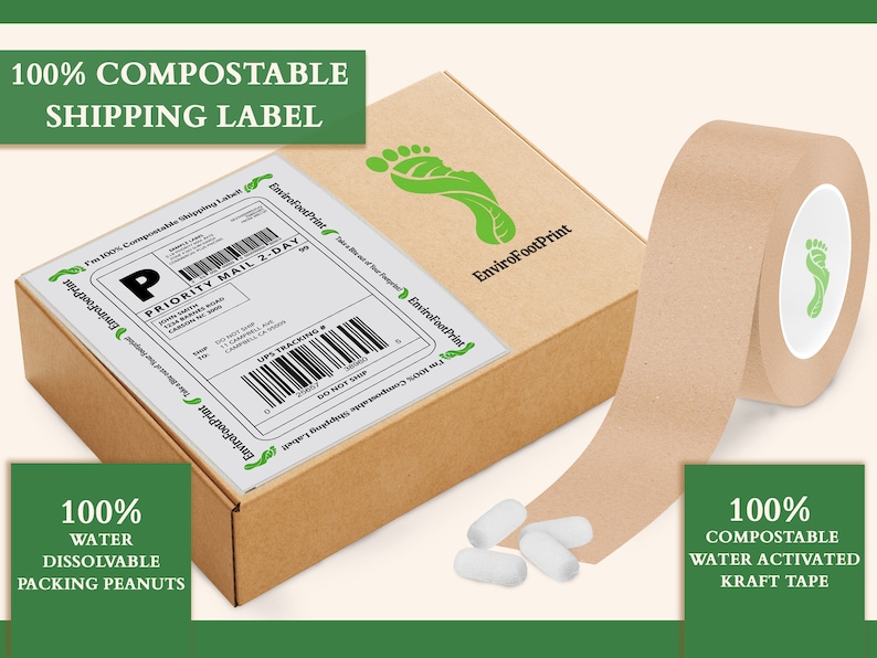 May include: A brown cardboard box with a white shipping label that says "Priority Mail 2-Day" and a green footprint logo that says "EnviroFootPrint". The box is next to a roll of brown compostable water-activated kraft tape. A pile of white packing peanuts are in the foreground.