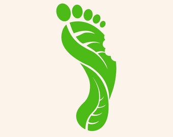 May include: Green footprint icon with a leaf design. The footprint is made of a single leaf with a bite taken out of it.