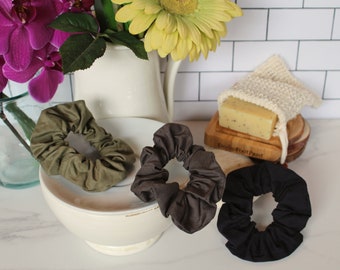 Biodegradable Scrunchies Set of 3 / 100% Organic Cotton & Natural Sustainable Rubber / Black / Charcoal Grey / Olive Green