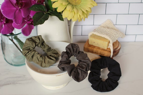 Biodegradable Scrunchies Set of 3 | 100% Organic Cotton & Natural Sustainable Rubber | Black | Charcoal Grey | Olive Green