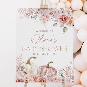 Pumpkin Baby Shower Welcome Sign, Floral Pumpkin Baby Welcome Sign, Girl Baby Shower, Pink Floral Pumpkin, Printable Welcome Sign, BBS106 image 1