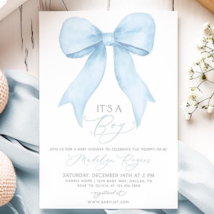 Invito per baby shower con fiocco blu, neonato, invito per baby shower con fiocco blu, invito per baby shower con fiocco blu, modello stampabile, BBS123