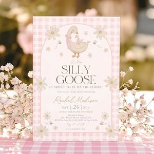 Silly Goose Baby Shower Invitation, Girl Baby Shower Invite Printable, Goose Invite, Mother Goose Baby Shower, Daisy Gingham Pink, BBS133